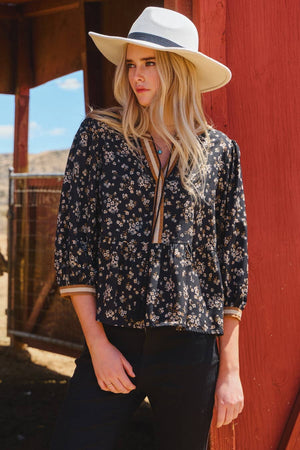 Ditsy Floral Printed Blouse in Black Floral S-3XL