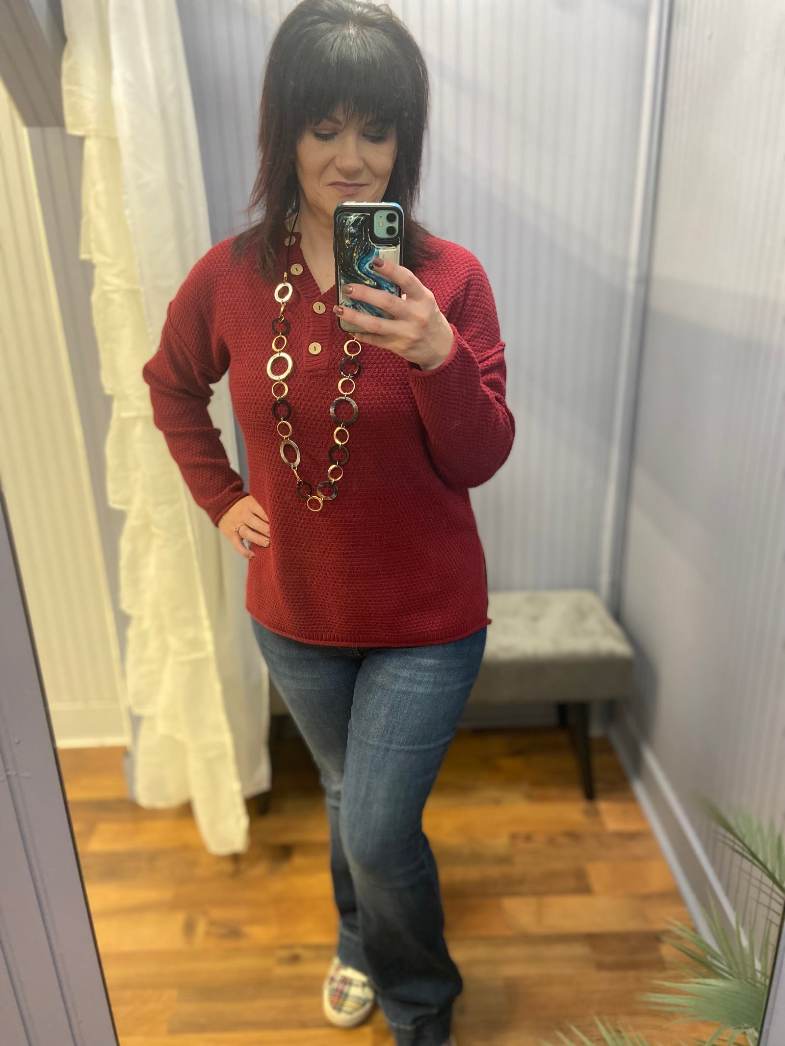 It's About Time Button V-Neck Sweater in Cranberry