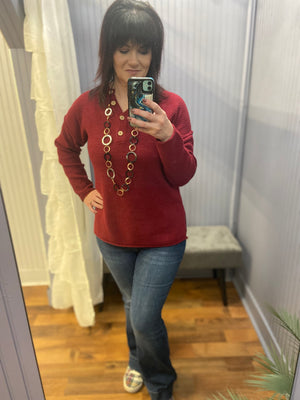 It's About Time Button V-Neck Sweater in Cranberry