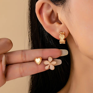 GOLD TRIO HEART FLOWER SEASHELL HUGGIE HOOP EARRINGS