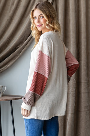 Cozy Colorblock Corded Henley Top in Oatmeal