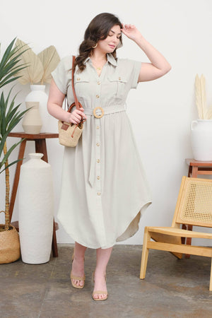 PLUS COLLARED BUTTON DOWN BELTED MIDI DRESS: BLACK