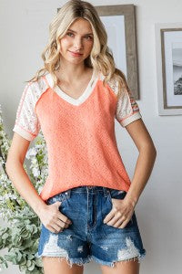 PATCHWORK DESIGN V NECK TOP