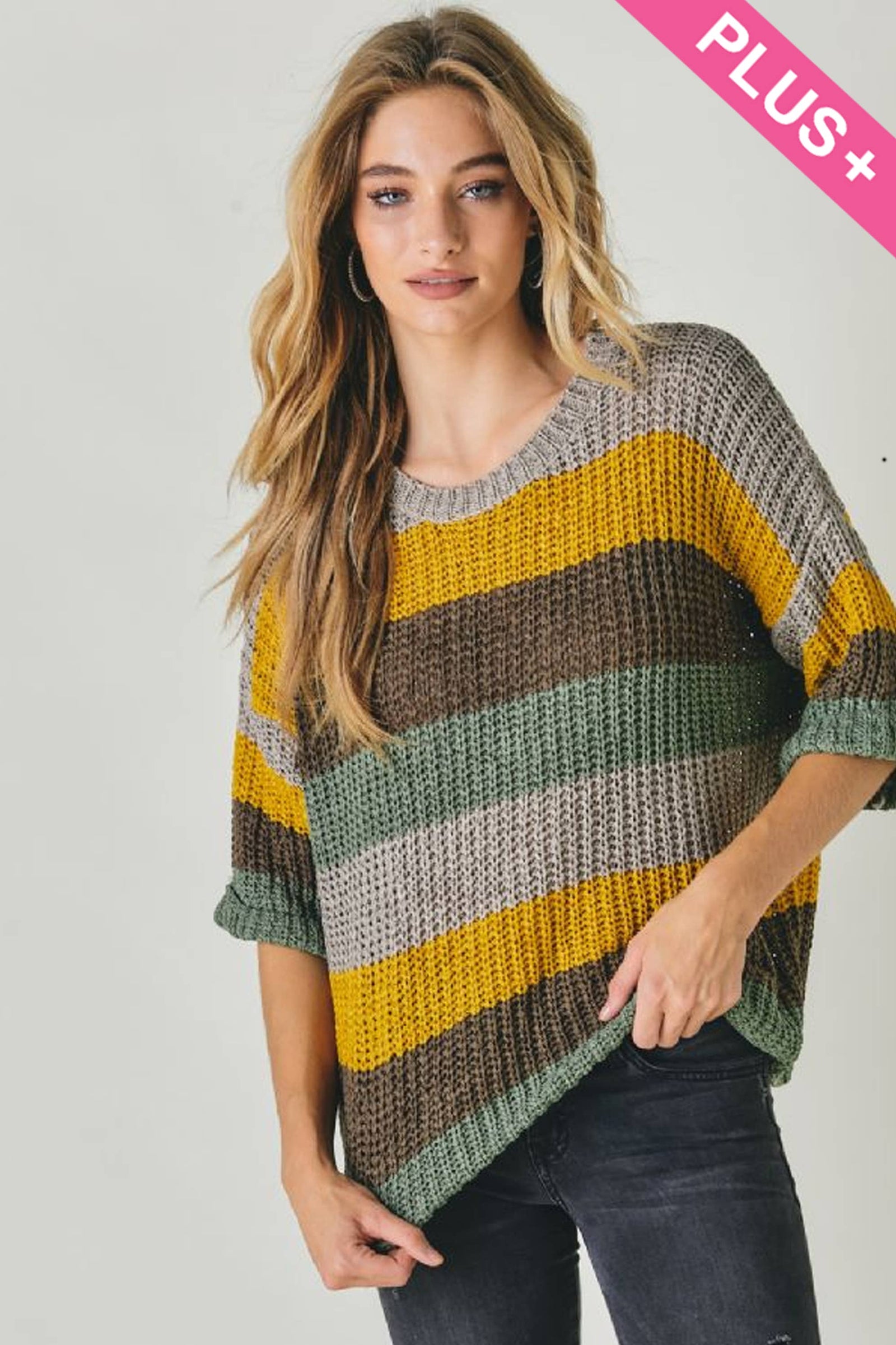 COLORBLOCK STRIPE THICK COZY KNIT SWEATER: DUSTY BROWN