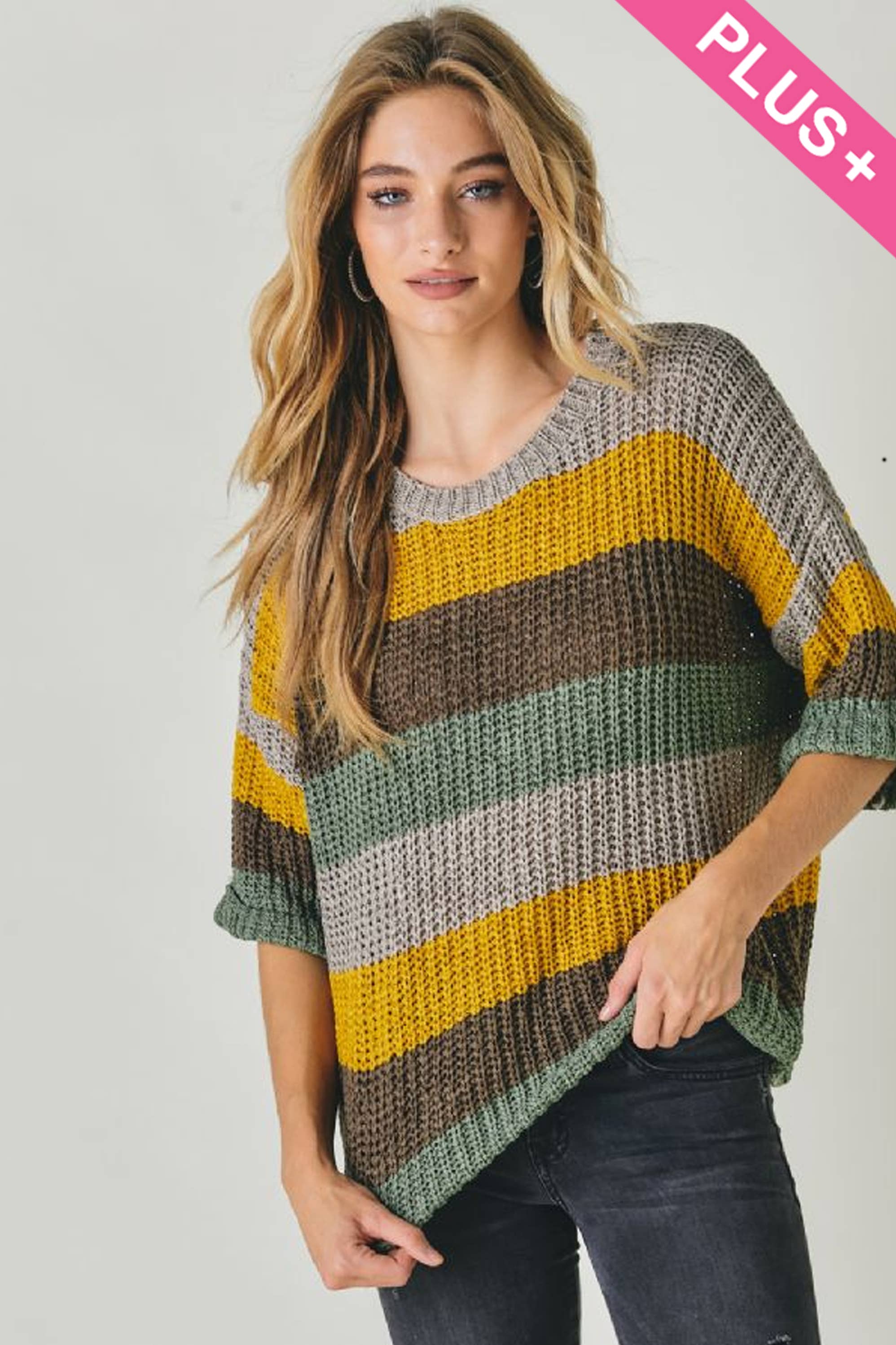 COLORBLOCK STRIPE THICK COZY KNIT SWEATER: DUSTY BROWN