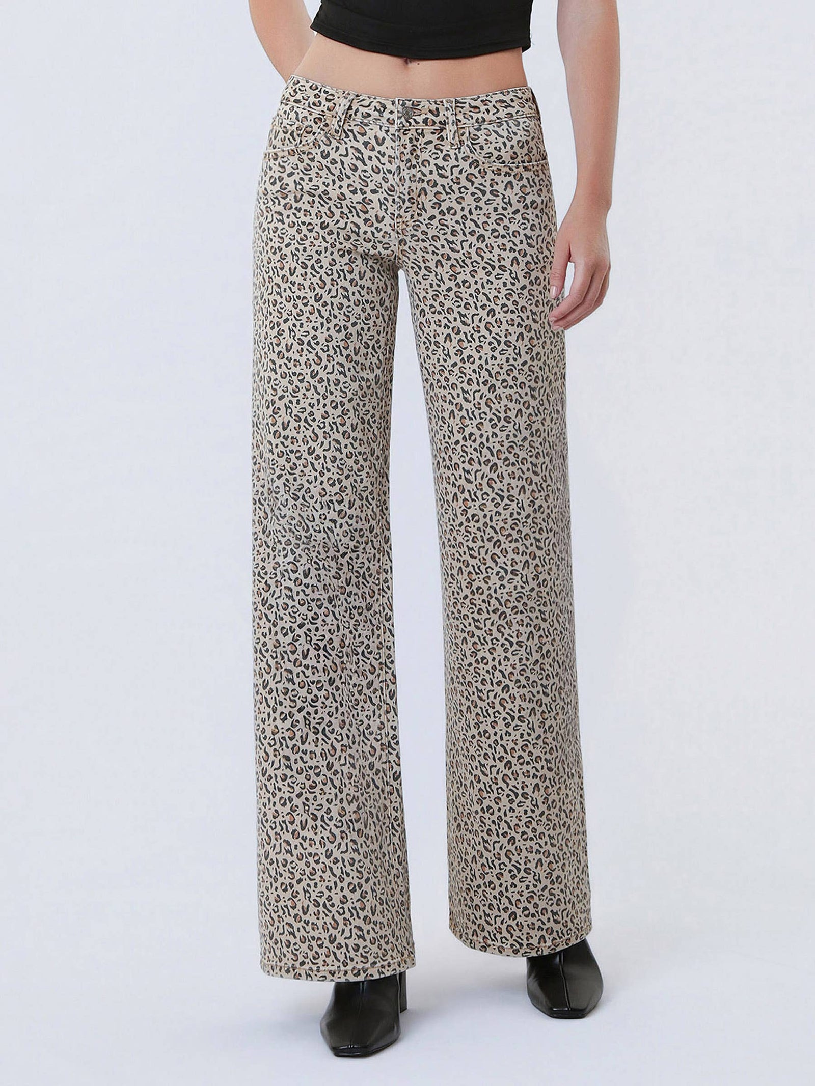 Lovervet Mid Rise Leopard Print Wide Leg Jeans