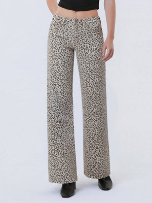 Lovervet Mid Rise Leopard Print Wide Leg Jeans