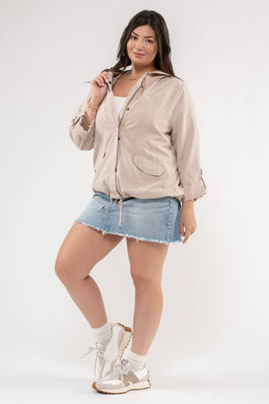 PLUS SNAP BUTTON ZIP UP HOODED JACKET: LIGHT OLIVE