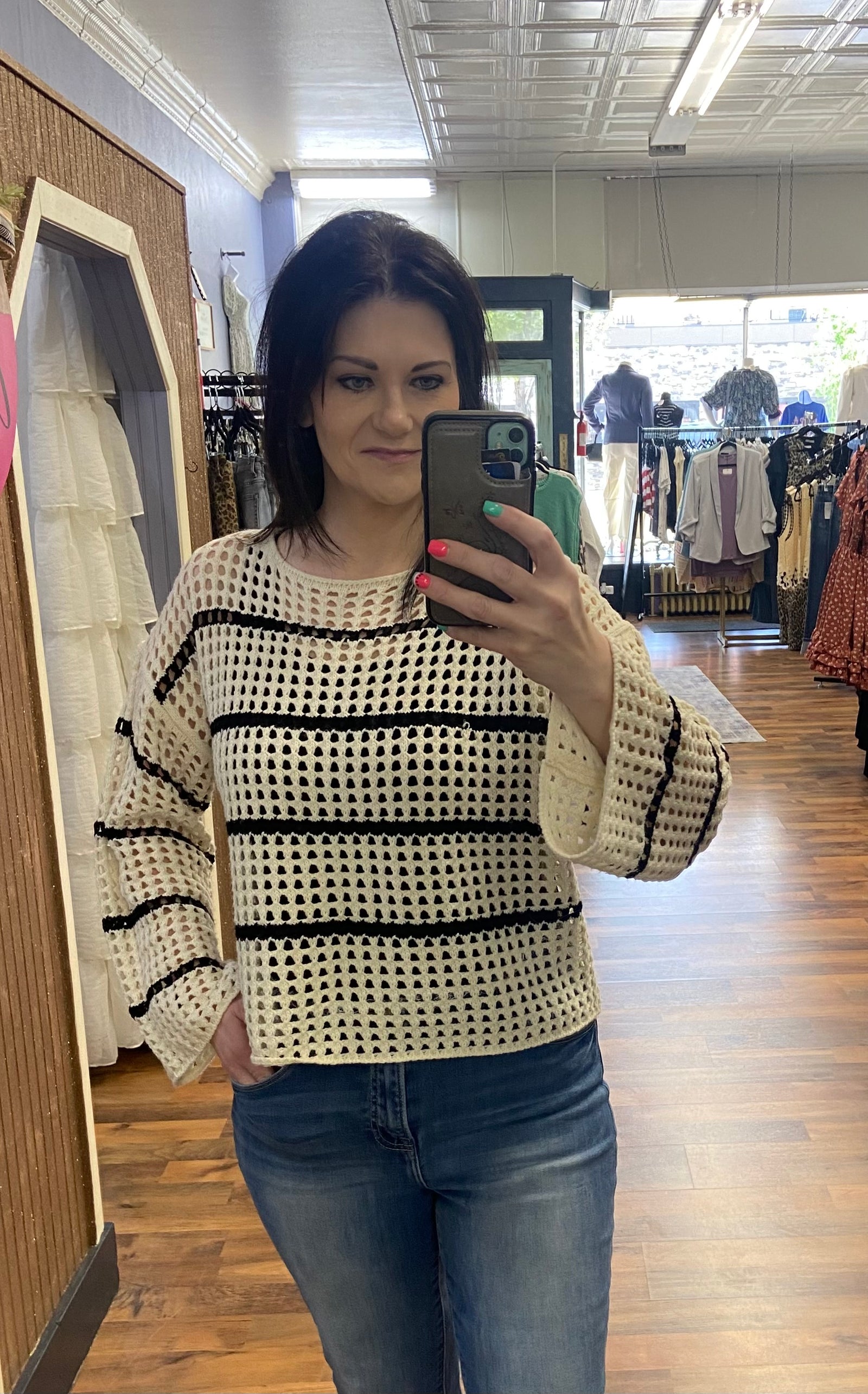 Open Knit Boat Neck Sweater Top - Ivory/Black