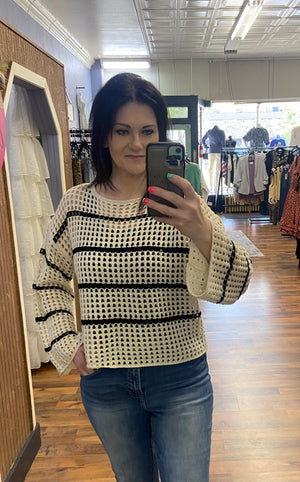 Open Knit Boat Neck Sweater Top - Ivory/Black