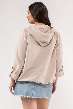 PLUS SNAP BUTTON ZIP UP HOODED JACKET: LIGHT OLIVE