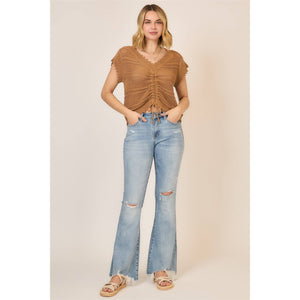 Open Knit Ruched Center V Neck Short Sleeve Top: Camel