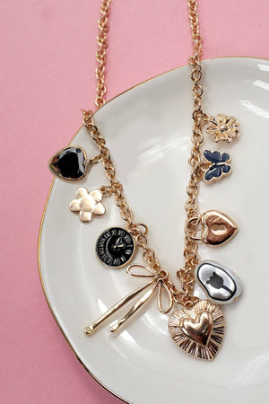 CHARM NECKLACE-HEART CLOCK BOW LOCK CHARMS