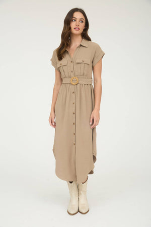 PLUS COLLARED BUTTON DOWN BELTED MIDI DRESS: BLACK