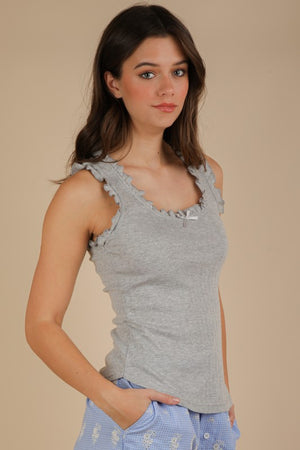 Bow Trim Ruffled Knit Tank in Grey