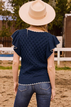 Solid Cable Knit Ruffle Sleeve Sweater in Navy S-3XL