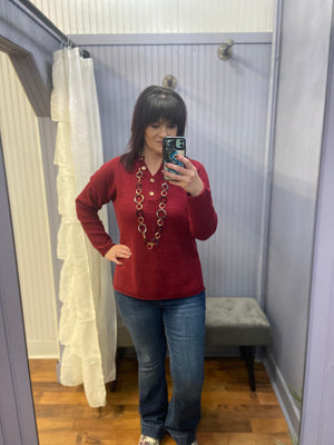 It's About Time Button V-Neck Sweater in Cranberry