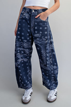 Mineral Washed Paisley Printed Barrel Jeans