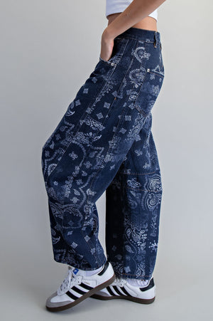 Mineral Washed Paisley Printed Barrel Jeans