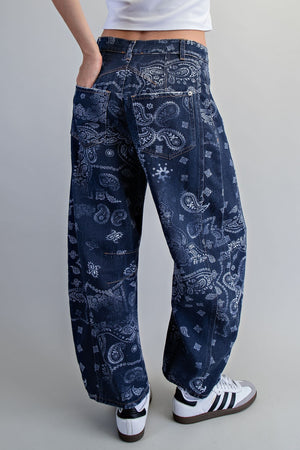 Mineral Washed Paisley Printed Barrel Jeans