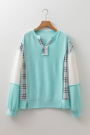 Patchwork Plaid Split Neck Top
