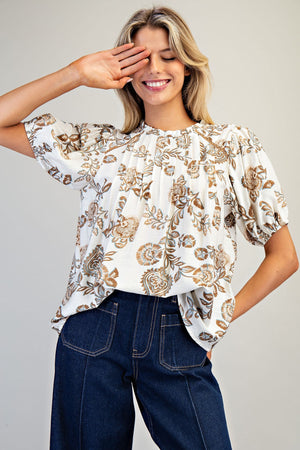 Pleated Floral Puff Sleeve Top