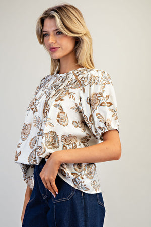 Pleated Floral Puff Sleeve Top