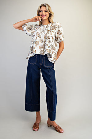 Pleated Floral Puff Sleeve Top