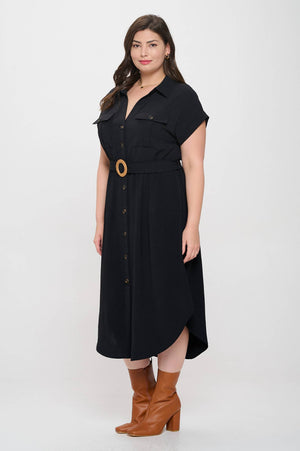 PLUS COLLARED BUTTON DOWN BELTED MIDI DRESS: BLACK