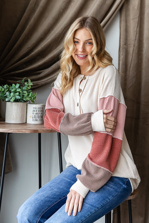 Cozy Colorblock Corded Henley Top in Oatmeal