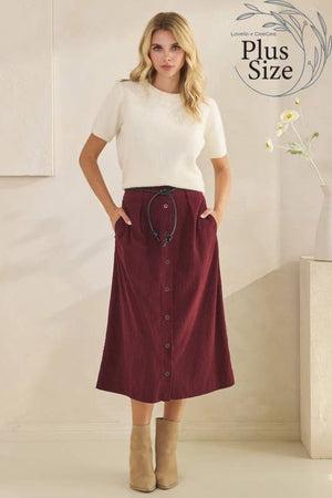 Curvy Corduroy Midi Skirt in Deep Burgundy