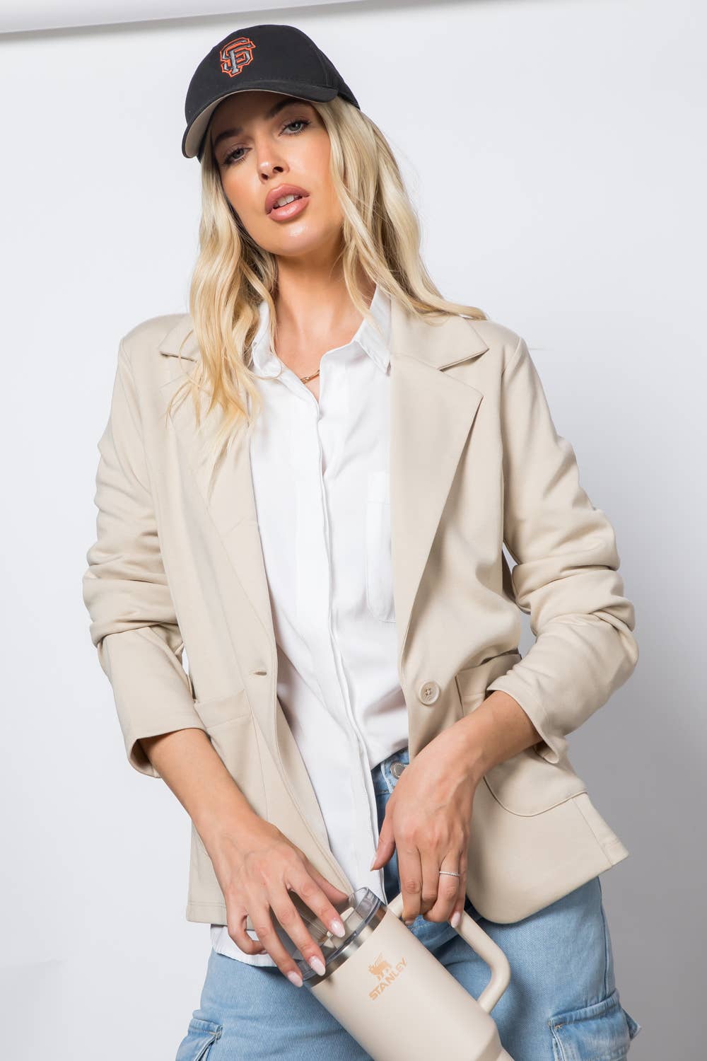 Ponte One Button Blazer in Light Khaki