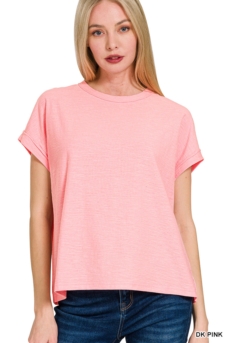 Cotton Slub Round Neck Tee in Dark Pink