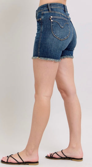 Judy Blue High Waisted Tummy Control Frayed Hem Shield Back Pocket Shorts