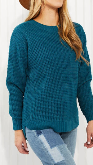 Autumn is Calling Waffle Knit Sweater in Teal