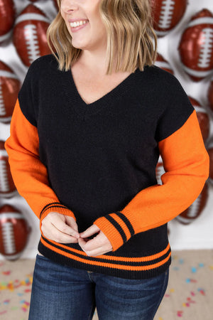 Gameday Varsity Sweater in Orange and Black
