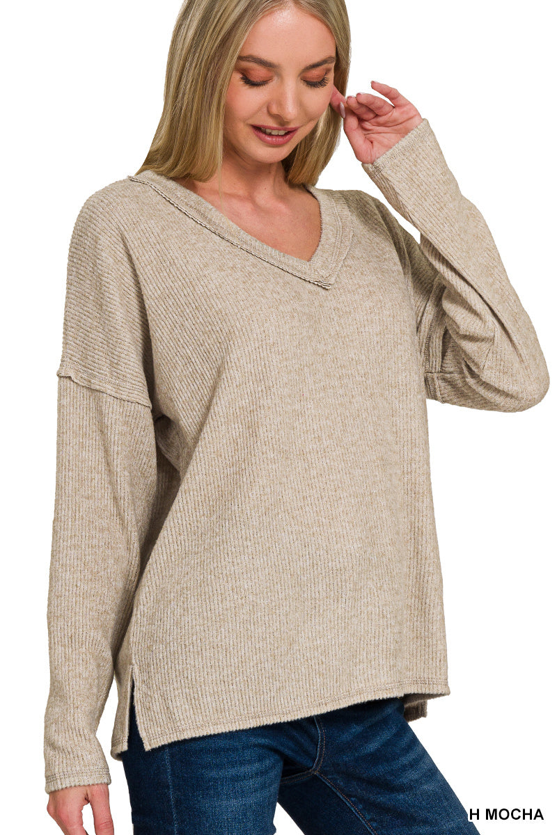 Keeping it Real Brushed Ribbed V-Neck Tee in Heather Mocha
