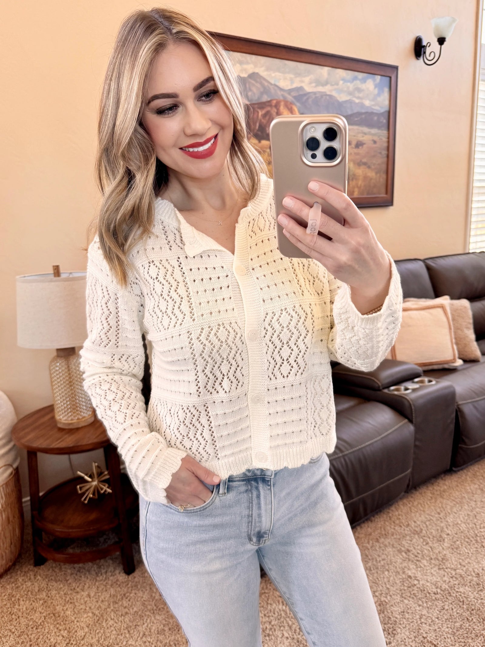 Open Light Quilt Knit Cardigan : Cream