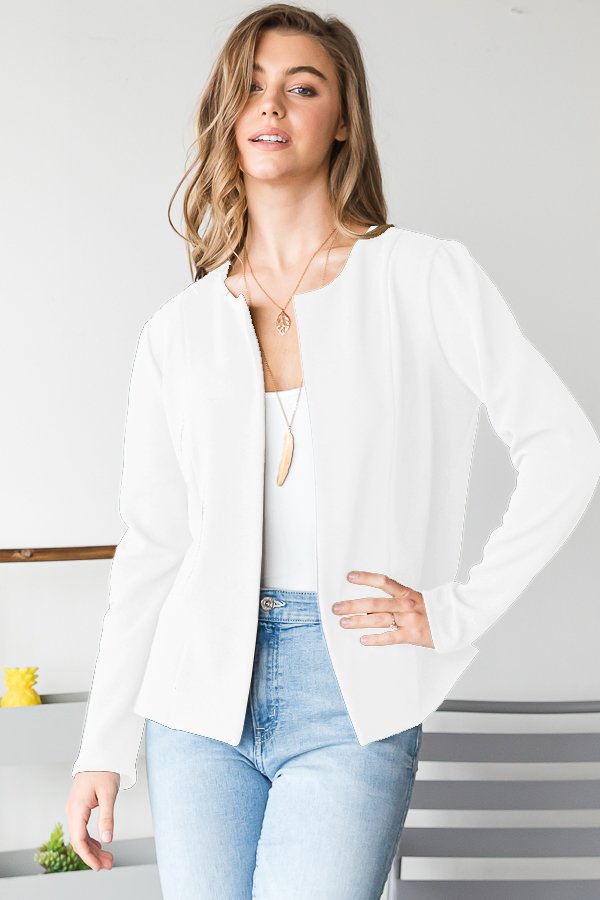 Long Sleeve Collarless Blazer in Ivory