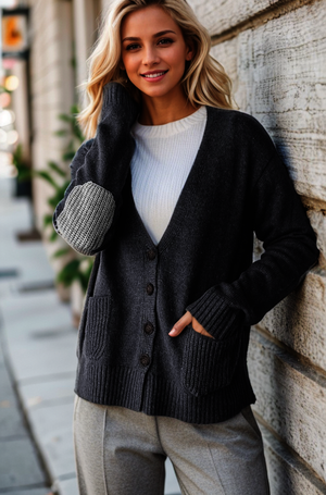 Boyfriend Button Down Sweater with Patch Elbow - Charcoal