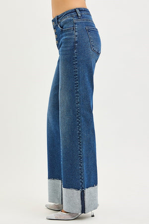 Risen Slouchy Wide Leg Jeans With Cuffed Hem