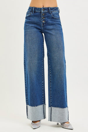 Risen Slouchy Wide Leg Jeans With Cuffed Hem