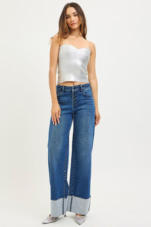 Risen Slouchy Wide Leg Jeans With Cuffed Hem