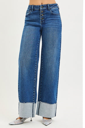Risen Slouchy Wide Leg Jeans With Cuffed Hem