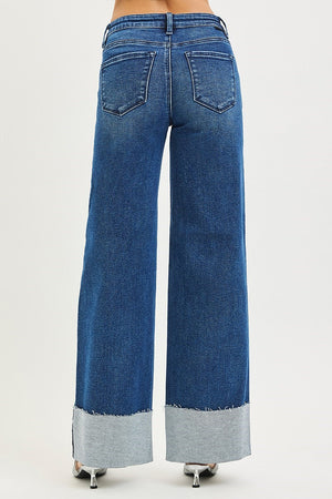 Risen Slouchy Wide Leg Jeans With Cuffed Hem