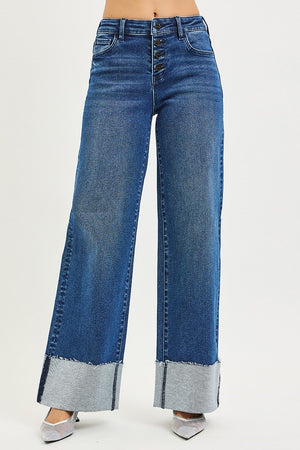 Risen Slouchy Wide Leg Jeans With Cuffed Hem