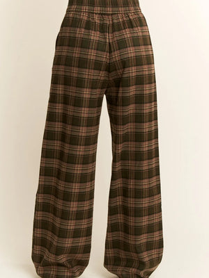 Plaid Wide Leg Dress Pants in Olive/Mocha