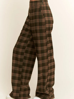 Plaid Wide Leg Dress Pants in Olive/Mocha