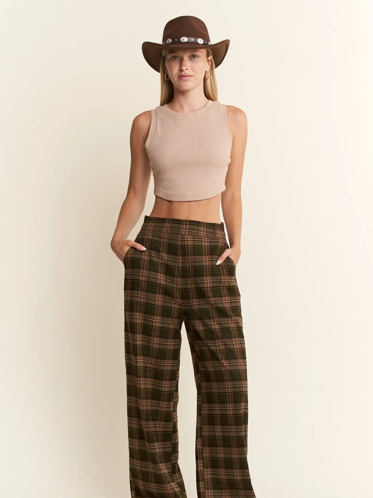 Plaid Wide Leg Dress Pants in Olive/Mocha