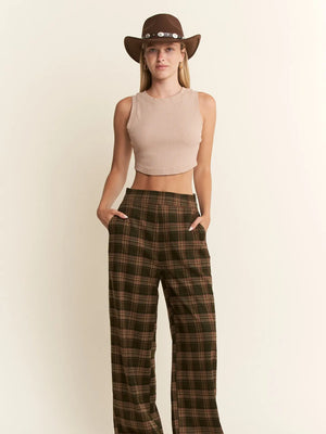 Plaid Wide Leg Dress Pants in Olive/Mocha